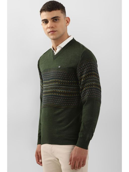 Peter England Men Green Patterned V Neck Sweater