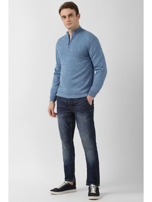 Peter England Men Blue Solid Stylized Neck Sweater