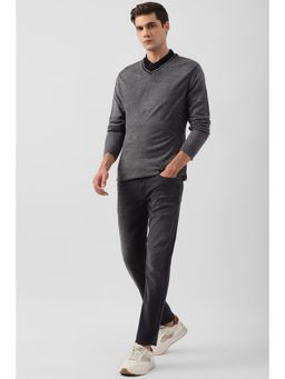 Peter England - Men Grey Solid V Neck Sweater