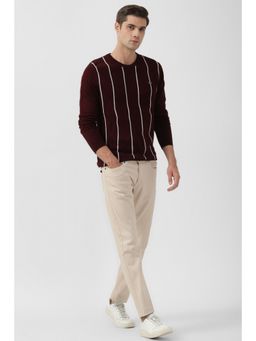 Peter England - Men Maroon Stripe Crew Neck Sweater