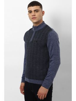 Peter England - Men Blue Stylized Neck Sweater