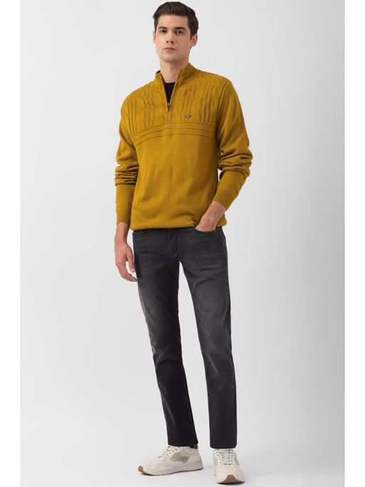 Peter England Men Yellow Solid Stylized Neck Sweater