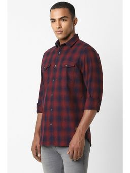 Peter England - Men Maroon Slim Fit Check Full Sleeves Casual Shirt