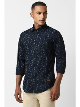 Peter England - Men Navy Slim Fit Print Full Sleeves Casual Shirt