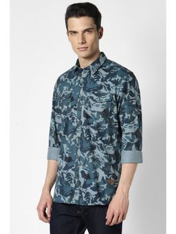 Peter England - Men Blue Slim Fit Print Full Sleeves Casual Shirt