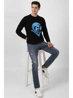 Peter England - Men Black Graphic Print Crew Neck Sweatshirt