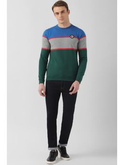 Peter England - Men Green Colorblock Crew Neck Sweatshirt