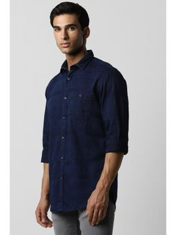 Van Heusen - Men Navy Slim Fit Textured Full Sleeves Casual Shirt