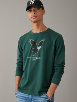American Eagle - Men Green Super Soft Long-Sleeve Logo Graphic T-Shirt