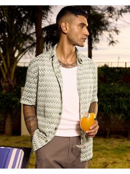 Bewakoof - Men's Green and White Geometric Oversized Crochet Shirt