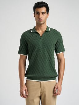 SELECTED HOMME - Men Cotton Green Self Design Collar Neck Polo T-Shirt