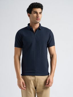 SELECTED HOMME - Men Polyester Navy Blue Textured Collar Neck Polo T-Shirt