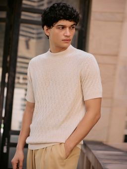 Andamen - Men Cotton Off White Textured High Neck T-Shirt