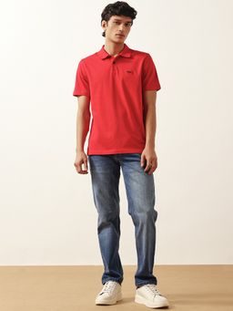 Andamen - Men Cotton Red Solid Collar Neck Polo T-Shirt