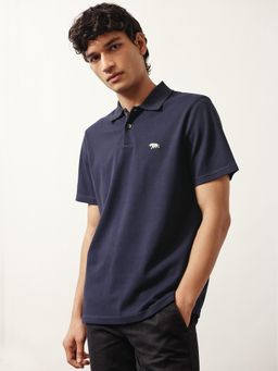 Andamen - Men Cotton Lycra Navy Blue Solid Collar Neck Polo T-Shirt
