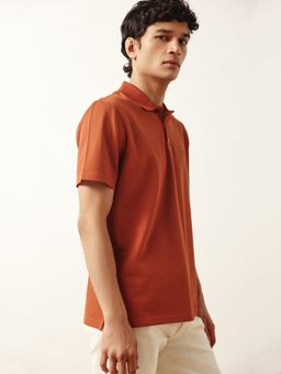 Andamen - Men Cotton Lycra Rust Solid Collar Neck Polo T-Shirt