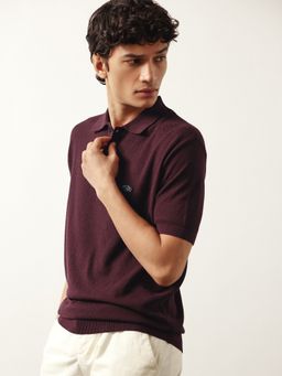 Andamen - Men Cotton Blend Burgundy Textured Collar Neck Polo T-Shirt