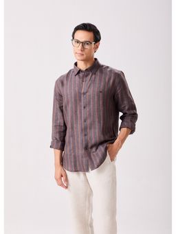 MH&Y - Concealed Brown Button Down Linen Stripes Shirt
