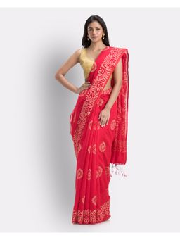 Angoshobha - Indian Women Dark Red Festive Cotton Blend Saree with Unstitched