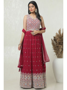 Soch - Women Maroon Anarkali Kurta with Unstitched Sleeves, Churidar & Dupatta (Set of 3)