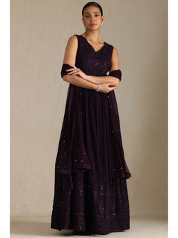 Soch - Women Wine Anarkali Kurta with Unstitched Sleeves, Churidar & Dupatta (Set of 3)