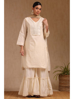Soch - Women Off White Cotton Embroidered Kurta with Sharara & Dupatta (Set of 3)