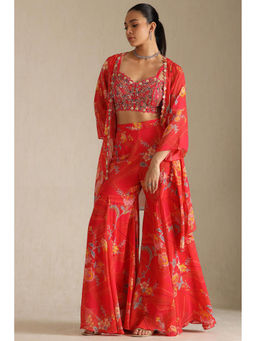 Soch - Women Red Georgette Embroidered Co-Ord (Set of 3)