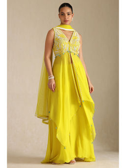 Soch - Women Yellow Organza Embroidered Co-Ord (Set of 3)