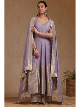 Soch - Women Lavender Zari Woven Kurta with Unstitched Sleeves, Palazzo & Dupatta (Set of 3)