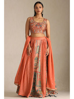 Soch - Women Rust Silk Blend Ghagra Choli with Unstitched Sleeves & Dupatta (Set of 3)