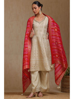 Soch - Women Beige Woven Design Kurta with Unstitched Sleeves, Palazzo & Dupatta (Set of 3)