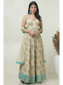 Soch - Women Beige Floral Anarkali Kurta with Unstitched Sleeves, Churidar & Dupatta (Set of 3)