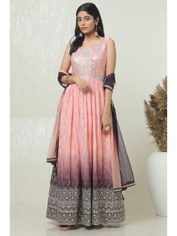 Soch - Women Peach Anarkali Kurta with Unstitched Sleeves, Churidar & Dupatta (Set of 3)