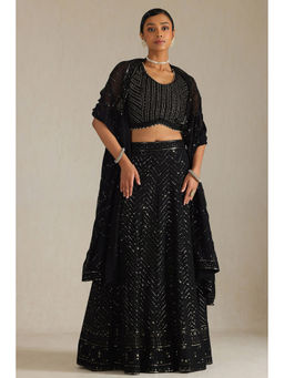Soch - Women Black Georgette Ghagra Choli with Unstitched Sleeves & Dupatta (Set of 3)
