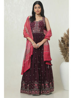 Soch - Women Wine Georgette Embroidered Anarkali Kurta with Churidar & Dupatta (Set of 3)