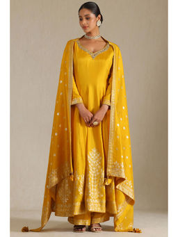 Soch - Women Yellow Silk Blend Solid Kurta with Palazzo & Dupatta (Set of 3)