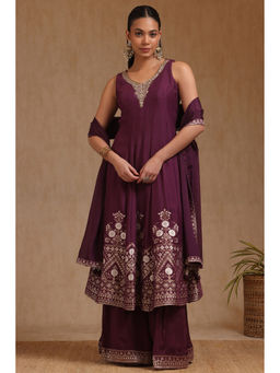 Soch - Women Purple Zari Woven Kurta with Unstitched Sleeves, Palazzo & Dupatta (Set of 3)