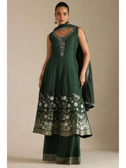 Soch - Women Green Embroidered Kurta with Unstitched Sleeves, Palazzo & Dupatta (Set of 3)