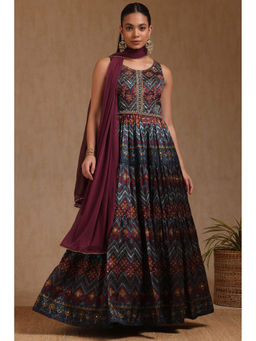 Soch - Women Wine Anarkali Kurta with Unstitched Sleeves, Churidar & Dupatta (Set of 3)