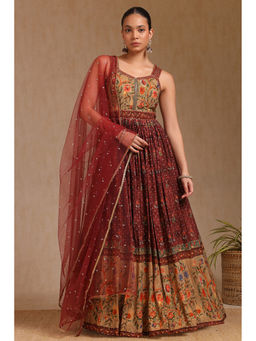 Soch - Women Brown Floral Print Anarkali Kurta with Unstitched Sleeves, Churidar & Dupatta (Set of 3)