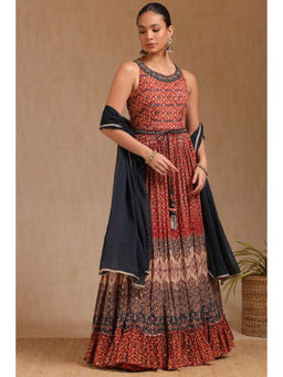 Soch - Women Rust Anarkali Kurta with Unstitched Sleeves, Churidar & Dupatta (Set of 3)
