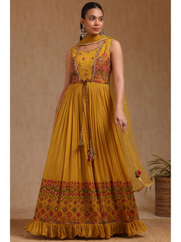 Soch - Women Mustard Anarkali Kurta with Unstitched Sleeves, Churidar & Dupatta (Set of 3)