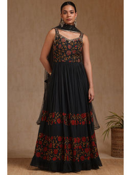 Soch - Women Grey Anarkali Kurta with Unstitched Sleeves, Churidar & Dupatta (Set of 3)