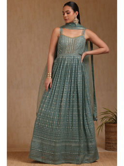 Soch - Women Green Anarkali Kurta with Unstitched Sleeves, Churidar & Dupatta (Set of 3)