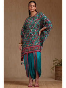 Soch - Women Teal Muslin Floral Print Kaftan Kurta with Dhoti (Set of 2)