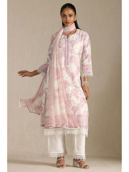 Soch - Women Off White Linen Floral Print Kurta with Palazzo & Dupatta (Set of 3)