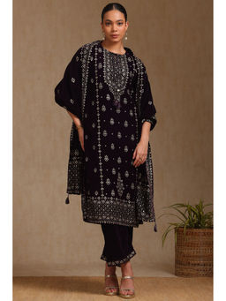 Soch - Women Purple Velvet Foil Print Kurta with Pant & Dupatta (Set of 3)