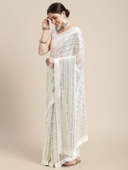 VAIRAGEE - White Embellished Sequinned Celebrity Saree with Unstitched Blouse