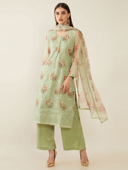 Soch - Green Machine Embroidery Organza Unstitched Dress Material ( Set of 3 )