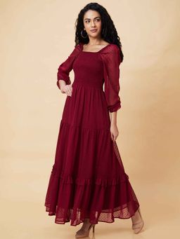Globus - Women Maroon Square Neck Raglan Sleeves Smocked Tiered Fit & Flare Maxi Dress